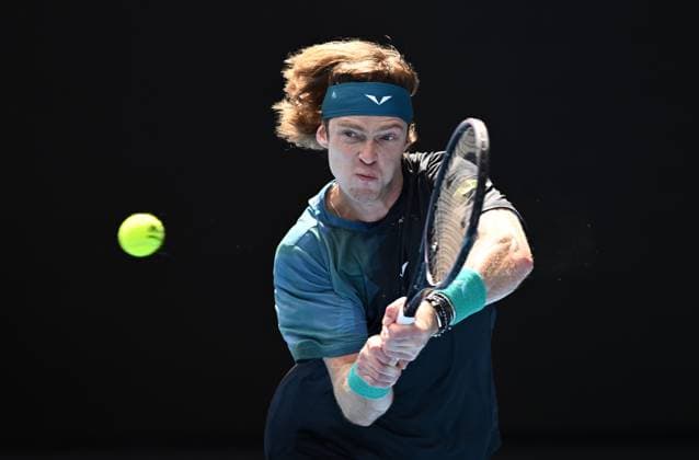 TENNIS AUSTRALIAN OPEN, Andrey Rublev of Russia returns to Thiago Seyboth Wild of Brazil on Day 1 of the 2024 Australian Open at Melbourne Park in Melbourne, Sunday, January 14, 2024. ( NO ARCHIVING, EDITORIAL USE ONLY, NO USE IN BOOKS WITHOUT CONSENT MELBOURNE VICTORIA AUSTRALIA  Copyright: xJOELxCARRETTx 20240114001888761710