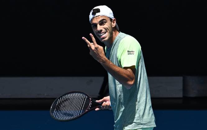 TENNIS AUSTRALIAN OPEN, Francisco Cerundolo of Argentina reacts during his first round match against Dane Sweeny of Australia on Day 1 of the 2024 Australian Open at Melbourne Park in Melbourne, Sunday, January 14, 2024. ( NO ARCHIVING, EDITORIAL USE ONLY, NO USE IN BOOKS WITHOUT CONSENT MELBOURNE VICTORIA AUSTRALIA  Copyright: xJAMESxROSSx 20240114001888767337