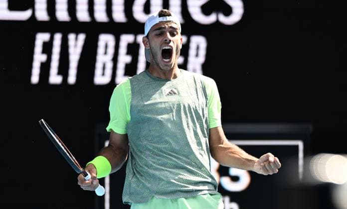 TENNIS AUSTRALIAN OPEN, Francisco Cerundolo of Argentina celebrates his first round match win against Dane Sweeny of Australia on Day 1 of the 2024 Australian Open at Melbourne Park in Melbourne, Sunday, January 14, 2024. ( NO ARCHIVING, EDITORIAL USE ONLY, NO USE IN BOOKS WITHOUT CONSENT MELBOURNE VICTORIA AUSTRALIA  Copyright: xJAMESxROSSx 20240114001888769991