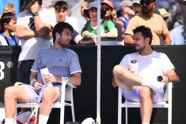 Cameron Norrie (GBR) and Stan Wawrinka (SUI) during a practice session Australian Open, Day One, Tennis, Melbourne Park, Melbourne, Australia - 14 Jan 2024  Copyright: xJamesxGourley Shutterstockx 14297568m