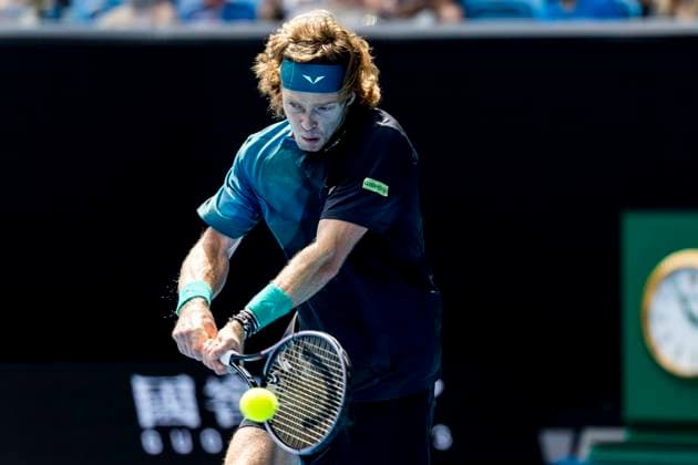 MELBOURNE, VIC - JANUARY 14: Andrey Rublev of Russia in action during Round 1 of the 2024 Australian Open on January 14 2024, at Melbourne Park in Melbourne, Australia. (Photo by Jason Heidrich Icon Sportswire) TENNIS: JAN 14 Australian Open EDITORIAL USE ONLY Icon240114151