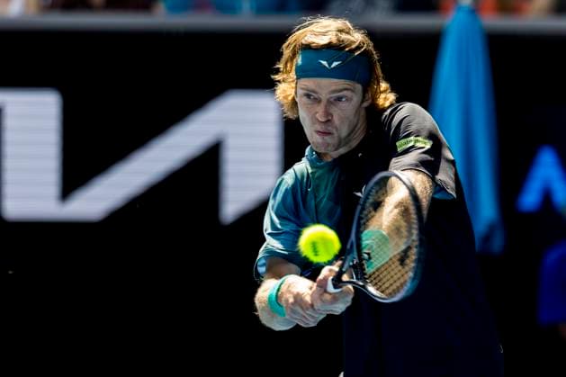 MELBOURNE, VIC - JANUARY 14: Andrey Rublev of Russia in action during Round 1 of the 2024 Australian Open on January 14 2024, at Melbourne Park in Melbourne, Australia. (Photo by Jason Heidrich Icon Sportswire) TENNIS: JAN 14 Australian Open EDITORIAL USE ONLY Icon240114157