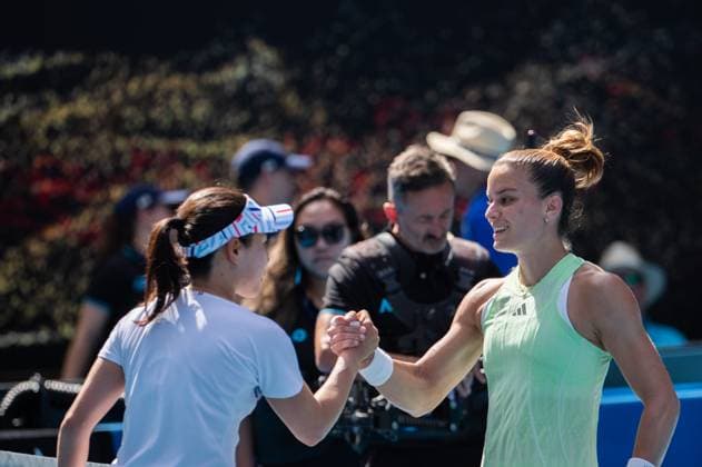 (240114) -- MELBOURNE, Jan. 14, 2024 -- Maria Sakkari (R) greets Hibino Nao after their women s singles first round match at the Australian Open tennis tournament in Melbourne, Australia, on Jan. 14, 2024. (Photo by Xinhua) (SP)AUSTRALIA-MELBOURNE-TENNIS-AUSTRALIAN OPEN-WOMEN S SINGLES HuxJingchen 