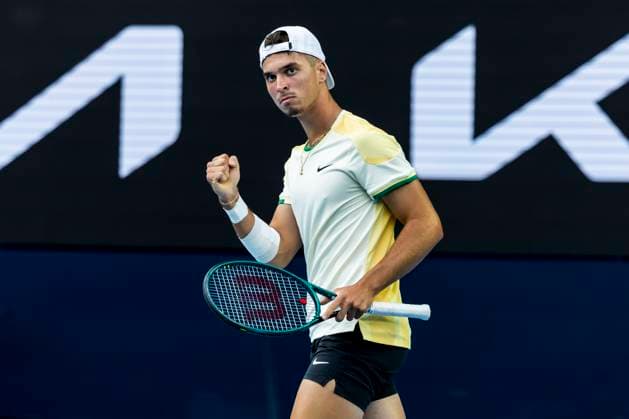 MELBOURNE, VIC - JANUARY 14: Dino Prizmic of Croatia celebrates during Round 1 of the 2024 Australian Open on January 14 2024, at Melbourne Park in Melbourne, Australia. (Photo by Jason Heidrich Icon Sportswire) TENNIS: JAN 14 Australian Open EDITORIAL USE ONLY Icon240114218