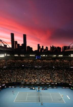 The sun sets over Rod Laver Arena as Novak Djokovic (SRB) plays Dino Prizmic (CRO) in their first round match Australian Open, Day One, Tennis, Melbourne Park, Melbourne, Australia - 14 Jan 2024  Copyright: xJamesxGourley Shutterstockx 14297568he