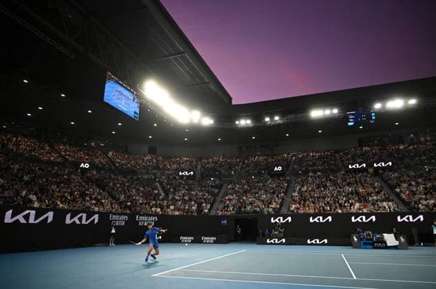 TENNIS AUSTRALIAN OPEN, Novak Djokovic of Serbia in action during his first round match against Dino Prizmic of Croatia on Day 1 of the 2024 Australian Open at Melbourne Park in Melbourne, Sunday, January 14, 2024. ( NO ARCHIVING, EDITORIAL USE ONLY, NO USE IN BOOKS WITHOUT CONSENT MELBOURNE VICTORIA AUSTRALIA  Copyright: xLUKASxCOCHx 20240114001888852272