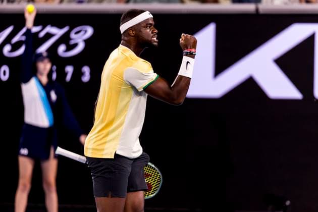 MELBOURNE, VIC - JANUARY 14: Frances Tiafoe of the United States of America celebrates during Round 1 of the 2024 Australian Open on January 14 2024, at Melbourne Park in Melbourne, Australia. (Photo by Jason Heidrich Icon Sportswire) TENNIS: JAN 14 Australian Open EDITORIAL USE ONLY Icon240114282