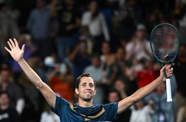 TENNIS AUSTRALIAN OPEN, Daniel Elahi Galan of Chile celebrates winning his first round match against Jason Kubler of Australia on Day 1 of the 2024 Australian Open at Melbourne Park in Melbourne, Sunday, January 14, 2024. ( NO ARCHIVING, EDITORIAL USE ONLY, NO USE IN BOOKS WITHOUT CONSENT MELBOURNE VICTORIA AUSTRALIA  Copyright: xJOELxCARRETTx 20240114001888863110