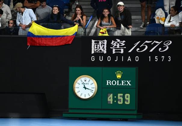 TENNIS AUSTRALIAN OPEN, The match time is seen at the conclusion of the first round match between Daniel Elahi Galan of Chile and Jason Kubler of Australia on Day 1 of the 2024 Australian Open at Melbourne Park in Melbourne, Sunday, January 14, 2024. ( NO ARCHIVING, EDITORIAL USE ONLY, NO USE IN BOOKS WITHOUT CONSENT MELBOURNE VICTORIA AUSTRALIA  Copyright: xJOELxCARRETTx 20240114001888865337