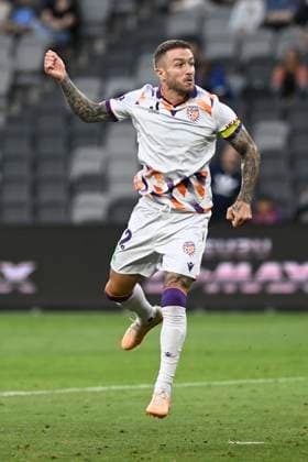 14th January 2024; CommBank Stadium, Sydney, NSW, Australia: A-League Football, Perth Glory versus Wellington Phoenix; Adam Taggart of Perth Glory watches his goal bound effort to open the scoring in the 7th minute to make it 1-0  ActionPlus12597498 NigelxOwen