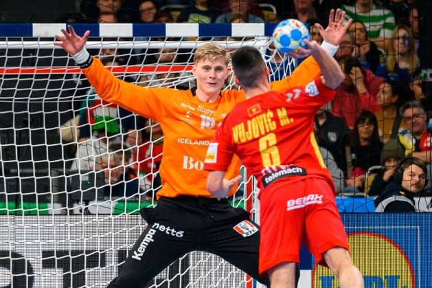 Muenchen, Deutschland: Handball EM 2024 - Vorrunde Gruppe C - Montenegro - Island Islands Torhueter Viktor Gisli Hallgirmsson, Montenegros Milos Vujovic Muenchen Olympiahalle Bayern Deutschland