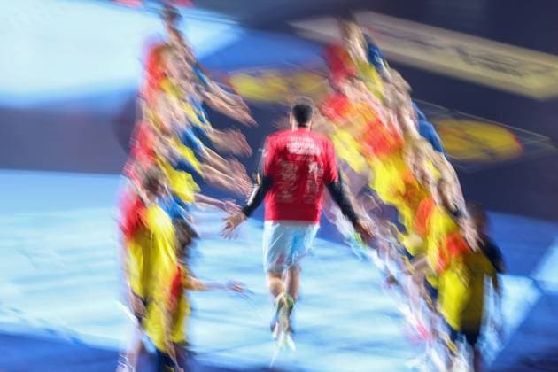 2024.01.14 SAP Arena Mannheim, Sunday 14 January 2024 PRELIMINARY ROUND GROUP B Romania - Spain v.l., Symbolfoto, Symbolbild: Spieler laufen ein Copyright: JoaquimxFerreira
