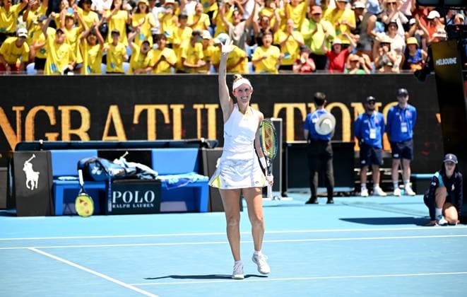 TENNIS AUSTRALIAN OPEN, Storm Hunter of Australia celebrates winning her first round match against Sara Errani of Italy on Day 2 of the 2024 Australian Open at Melbourne Park in Melbourne, Monday, January 15, 2024. ( NO ARCHIVING, EDITORIAL USE ONLY, NO USE IN BOOKS WITHOUT CONSENT MELBOURNE VICTORIA AUSTRALIA  Copyright: xJAMESxROSSx 20240115001889159566