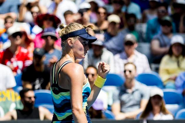 MELBOURNE, VIC - JANUARY 15: Dayana Yastremska of Ukraine celebrates during Round 1 of the 2024 Australian Open on January 15 2024, at Melbourne Park in Melbourne, Australia. (Photo by Jason Heidrich Icon Sportswire) TENNIS: JAN 15 Australian Open EDITORIAL USE ONLY Icon240115001