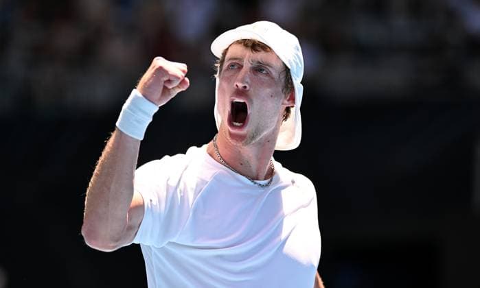 TENNIS AUSTRALIAN OPEN, Marc Polmans of Australia reacts during his first round match against Alexei Popyrin of Australia on Day 2 of the 2024 Australian Open at Melbourne Park in Melbourne, Monday, January 15, 2024. ( NO ARCHIVING, EDITORIAL USE ONLY, NO USE IN BOOKS WITHOUT CONSENT MELBOURNE VICTORIA AUSTRALIA  Copyright: xJAMESxROSSx 20240115001889178443