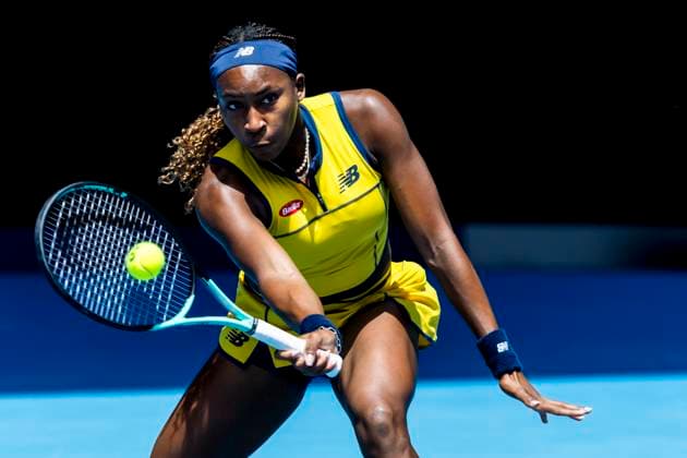 MELBOURNE, VIC - JANUARY 15: Coco Gauff of the United States of America in action during Round 1 of the 2024 Australian Open on January 15 2024, at Melbourne Park in Melbourne, Australia. (Photo by Jason Heidrich Icon Sportswire) TENNIS: JAN 15 Australian Open EDITORIAL USE ONLY Icon240115071