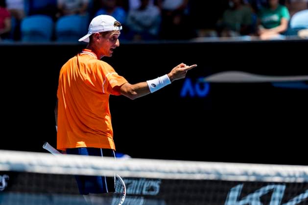 MELBOURNE, VIC - JANUARY 15: Terence Atmane of France disputes a decision by the umpire during Round 1 of the 2024 Australian Open on January 15 2024, at Melbourne Park in Melbourne, Australia. (Photo by Jason Heidrich Icon Sportswire) TENNIS: JAN 15 Australian Open EDITORIAL USE ONLY Icon240115120