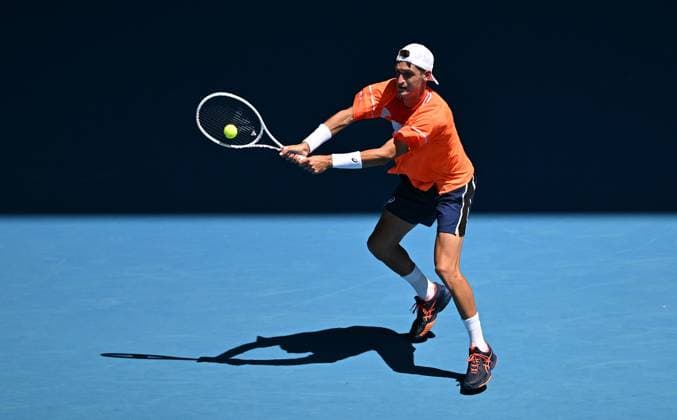 TENNIS AUSTRALIAN OPEN, Terence Atmane of France returns during his first round match against Daniil Medvedev of Russia on Day 2 of the 2024 Australian Open at Melbourne Park in Melbourne, Monday, January 15, 2024. ( NO ARCHIVING, EDITORIAL USE ONLY, NO USE IN BOOKS WITHOUT CONSENT MELBOURNE VICTORIA AUSTRALIA  Copyright: xLUKASxCOCHx 20240115001889203831