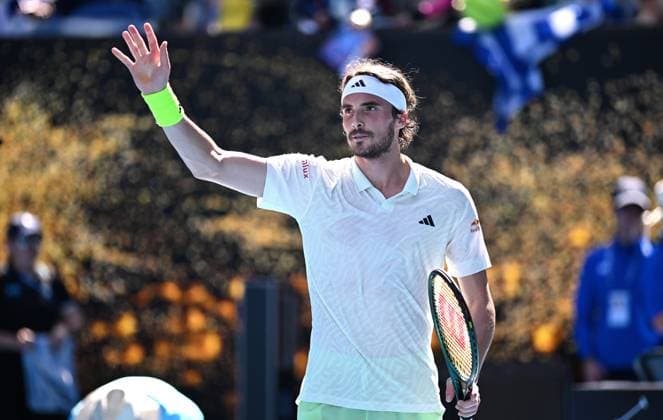 TENNIS AUSTRALIAN OPEN, Stefanos Tsitsipas of Greece celebrates after winning his first round match against Zizou Bergs of Belgium on Day 2 of the 2024 Australian Open at Melbourne Park in Melbourne, Monday, January 15, 2024. ( NO ARCHIVING, EDITORIAL USE ONLY, NO USE IN BOOKS WITHOUT CONSENT MELBOURNE VICTORIA AUSTRALIA  Copyright: xJOELxCARRETTx 20240115001889211041