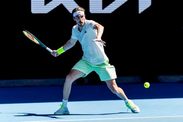 MELBOURNE, VIC - JANUARY 15: Stefanos Tsitsipas of Greece in action during Round 1 of the 2024 Australian Open on January 15 2024, at Melbourne Park in Melbourne, Australia. (Photo by Jason Heidrich Icon Sportswire) TENNIS: JAN 15 Australian Open EDITORIAL USE ONLY Icon240115146