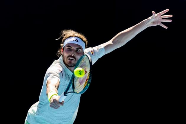 MELBOURNE, VIC - JANUARY 15: Stefanos Tsitsipas of Greece in action during Round 1 of the 2024 Australian Open on January 15 2024, at Melbourne Park in Melbourne, Australia. (Photo by Jason Heidrich Icon Sportswire) TENNIS: JAN 15 Australian Open EDITORIAL USE ONLY Icon240115149