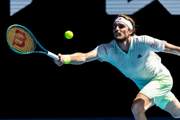 MELBOURNE, VIC - JANUARY 15: Stefanos Tsitsipas of Greece in action during Round 1 of the 2024 Australian Open on January 15 2024, at Melbourne Park in Melbourne, Australia. (Photo by Jason Heidrich Icon Sportswire) TENNIS: JAN 15 Australian Open EDITORIAL USE ONLY Icon240115156