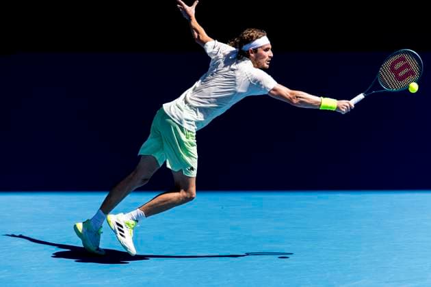 MELBOURNE, VIC - JANUARY 15: Stefanos Tsitsipas of Greece in action during Round 1 of the 2024 Australian Open on January 15 2024, at Melbourne Park in Melbourne, Australia. (Photo by Jason Heidrich Icon Sportswire) TENNIS: JAN 15 Australian Open EDITORIAL USE ONLY Icon240115162