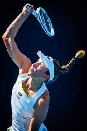 Belgian Elise Mertens pictured in action during a tennis match against Egyptian Sherif, in round 1 of the women s singles tournament at the Australian Open Grand Slam, Monday 15 January 2024 in Melbourne Park, Melbourne, Australia. The 2024 edition of the Australian Grand Slam takes place from January 14th to January 28th. PATRICKxHAMILTON  x84011956x