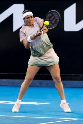 MELBOURNE, VIC - JANUARY 15: Ons Jabeur of Tunisia in action during Round 1 of the 2024 Australian Open on January 15 2024, at Melbourne Park in Melbourne, Australia. (Photo by Jason Heidrich Icon Sportswire) TENNIS: JAN 15 Australian Open EDITORIAL USE ONLY Icon240115185