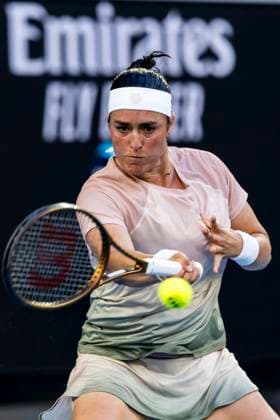 MELBOURNE, VIC - JANUARY 15: Ons Jabeur of Tunisia in action during Round 1 of the 2024 Australian Open on January 15 2024, at Melbourne Park in Melbourne, Australia. (Photo by Jason Heidrich Icon Sportswire) TENNIS: JAN 15 Australian Open EDITORIAL USE ONLY Icon240115194