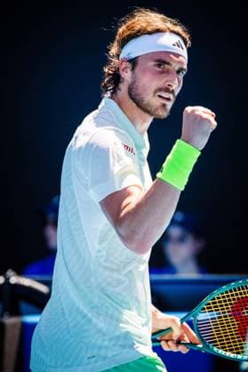 Greek Stefanos Tsitsipas pictured in action during a tennis match against Belgian Bergs, in round 1 of the men s singles tournament at the Australian Open Grand Slam, Monday 15 January 2024 in Melbourne Park, Melbourne, Australia. The 2024 edition of the Australian Grand Slam takes place from January 14th to January 28th. PATRICKxHAMILTON  x84012946x