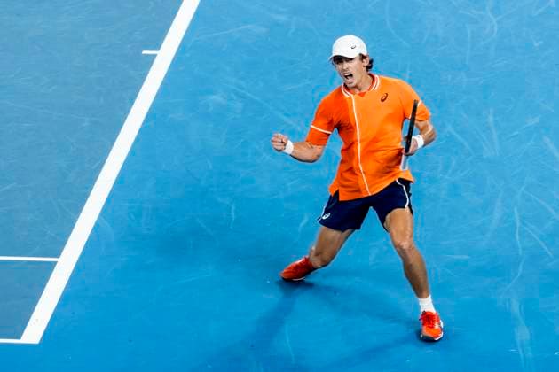 MELBOURNE, VIC - JANUARY 15: Alex de Minaur of Australia celebrates during Round 1 of the 2024 Australian Open on January 15 2024, at Melbourne Park in Melbourne, Australia. (Photo by Jason Heidrich Icon Sportswire) TENNIS: JAN 15 Australian Open EDITORIAL USE ONLY Icon240115247