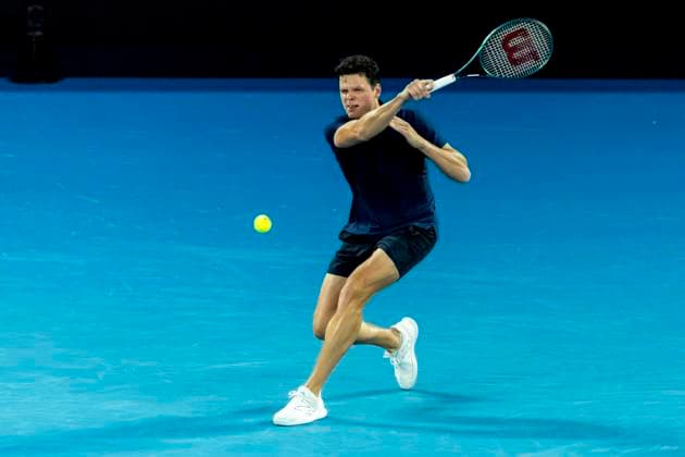 MELBOURNE, VIC - JANUARY 15: Milos Raonic of Canada in action during Round 1 of the 2024 Australian Open on January 15 2024, at Melbourne Park in Melbourne, Australia. (Photo by Jason Heidrich Icon Sportswire) TENNIS: JAN 15 Australian Open EDITORIAL USE ONLY Icon240115256