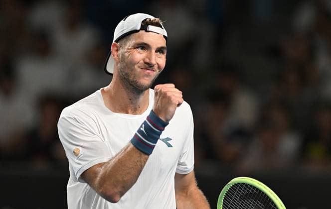 TENNIS AUSTRALIAN OPEN, Jan-Lennard Struff of Germany celebrates during his first round match against Rinky Hijikata of Australia on Day 2 of the 2024 Australian Open at Melbourne Park in Melbourne, Monday, January 15, 2024. ( NO ARCHIVING, EDITORIAL USE ONLY, NO USE IN BOOKS WITHOUT CONSENT MELBOURNE VICTORIA AUSTRALIA  Copyright: xLUKASxCOCHx 20240116001889336296