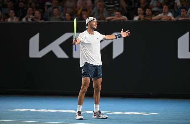 TENNIS AUSTRALIAN OPEN, Jan-Lennard Struff of Germany reacts after winning his first round match against Rinky Hijikata of Australia on Day 2 of the 2024 Australian Open at Melbourne Park in Melbourne, Monday, January 15, 2024. ( NO ARCHIVING, EDITORIAL USE ONLY, NO USE IN BOOKS WITHOUT CONSENT MELBOURNE VICTORIA AUSTRALIA  Copyright: xLUKASxCOCHx 20240116001889339752