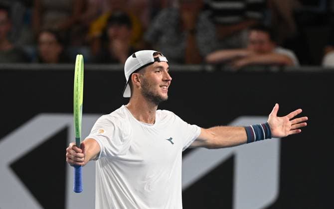 TENNIS AUSTRALIAN OPEN, Jan-Lennard Struff of Germany reacts after winning his first round match against Rinky Hijikata of Australia on Day 2 of the 2024 Australian Open at Melbourne Park in Melbourne, Monday, January 15, 2024. ( NO ARCHIVING, EDITORIAL USE ONLY, NO USE IN BOOKS WITHOUT CONSENT MELBOURNE VICTORIA AUSTRALIA  Copyright: xLUKASxCOCHx 20240116001889341446