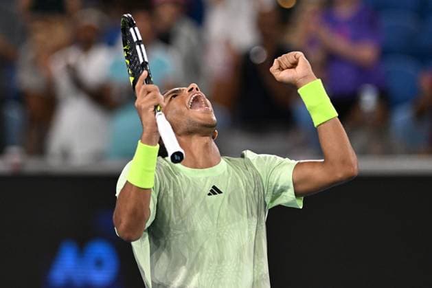 TENNIS AUSTRALIAN OPEN, Felix Auger-Aliassime of Canada celebrates after winning his first round match against Domonic Thiem of Austria on Day 2 of the 2024 Australian Open at Melbourne Park in Melbourne, Monday, January 15, 2024. ( NO ARCHIVING, EDITORIAL USE ONLY, NO USE IN BOOKS WITHOUT CONSENT MELBOURNE VICTORIA AUSTRALIA  Copyright: xLUKASxCOCHx 20240116001889370792