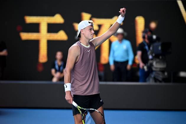 TENNIS AUSTRALIAN OPEN, Holger Rune of Denmark celebrates match point during his round 1 match win over Yoshihito Nishioka of Japan on Day 3 of the 2024 Australian Open at Melbourne Park in Melbourne, Tuesday, January 16, 2024. ( NO ARCHIVING, EDITORIAL USE ONLY, NO USE IN BOOKS WITHOUT CONSENT MELBOURNE VICTORIA AUSTRALIA  Copyright: xJOELxCARRETTx 20240116001889659527