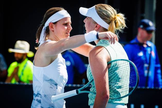 Greet Minnen WTA, Tennis Damen 67) and Danish Clara Tauson pictured during a tennis match between Belgian Minnen and Danish Tauson, in round 1 of the women s singles tournament at the Australian Open Grand Slam, Tuesday 16 January 2024 in Melbourne Park, Melbourne, Australia. The 2024 edition of the Australian Grand Slam takes place from January 14th to January 28th. PATRICKxHAMILTON  x84084128x