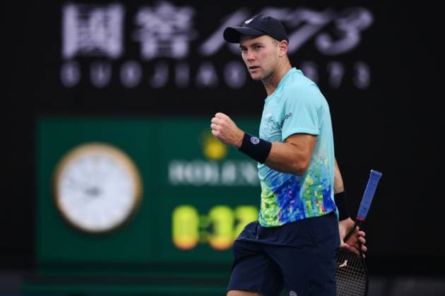 Dominik Koepfer (GER) wins the first set during his first round match Australian Open, Day Three, Tennis, Melbourne Park, Melbourne, Australia - 16 Jan 2024  Copyright: xJamesxGourley Shutterstockx 14297584bw