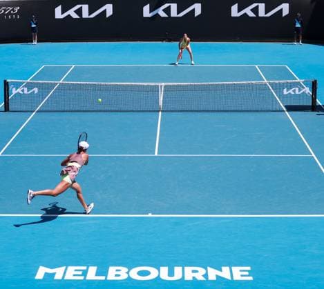 (240116) -- MELBOURNE, Jan. 16, 2024 -- Wang Xiyu (L) of China returns a shot during the women s singles 1st round match between Wang Xiyu of China and Emma Navarro of the United States at Australian Open tennis tournament in Melbourne, Australia, Jan. 16, 2024. ) (SP)AUSTRALIA-MELBOURNE-TENNIS-AUSTRALIAN OPEN MaxPing 