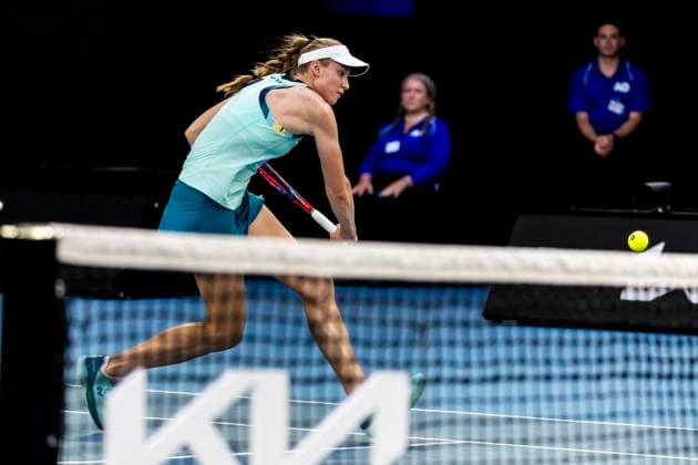 MELBOURNE, VIC - JANUARY 16: Elena Bybakina of Kazakhstan in action during Round 1 of the 2024 Australian Open on January 16 2024, at Melbourne Park in Melbourne, Australia. (Photo by Jason Heidrich Icon Sportswire) TENNIS: JAN 16 Australian Open EDITORIAL USE ONLY Icon240116186