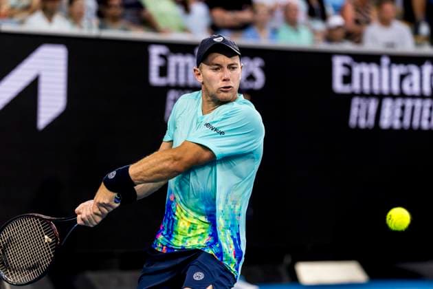 MELBOURNE, VIC - JANUARY 16: Dominik Koepfer of Germany in action during Round 1 of the 2024 Australian Open on January 16 2024, at Melbourne Park in Melbourne, Australia. (Photo by Jason Heidrich Icon Sportswire) TENNIS: JAN 16 Australian Open EDITORIAL USE ONLY Icon240116205