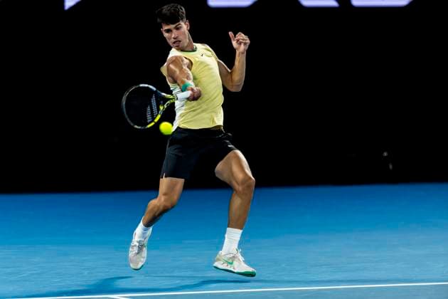 MELBOURNE, VIC - JANUARY 16: Carlos Alcaraz of Spain in action during Round 1 of the 2024 Australian Open on January 16 2024, at Melbourne Park in Melbourne, Australia. (Photo by Jason Heidrich Icon Sportswire) TENNIS: JAN 16 Australian Open EDITORIAL USE ONLY Icon240116243