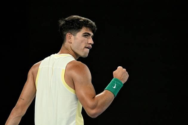 TENNIS AUSTRALIAN OPEN, Carlos Alcaraz of Spain reacts during his round 1 match against Richard Gasquet of France on Day 3 of the 2024 Australian Open at Melbourne Park in Melbourne, Tuesday, January 16, 2024. ( NO ARCHIVING, EDITORIAL USE ONLY, NO USE IN BOOKS WITHOUT CONSENT MELBOURNE VICTORIA AUSTRALIA  Copyright: xLUKASxCOCHx 20240116001889728120