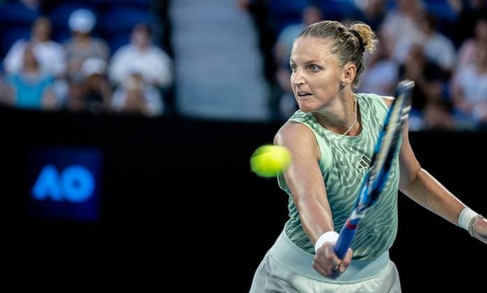 (240116) -- MELBOURNE, Jan. 16, 2024 -- Karolina Pliskova of the Czech Republic hits a return during the women s singles first round match between Elena Rybakina of Kazakhstan and Karolina Pliskova of the Czech Republic at the Australian Open tennis tournament in Melbourne, Australia on Jan. 16, 2024. (Photo by Xinhua) (SP)AUSTRALIA-MELBOURNE-TENNIS-AUSTRALIAN OPEN HuxJingchen 