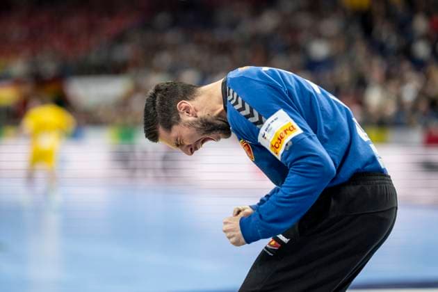16.01.2024 - Handball - Herren - EHF - EM 2024 - Nordmazedonien - Schweiz Martin Tomovski (Torhueter, Nordmazedonien) Berlin Mercedes-Benz Arena Berlin Berlin Deutschland KlausTrotter-20240116-0822