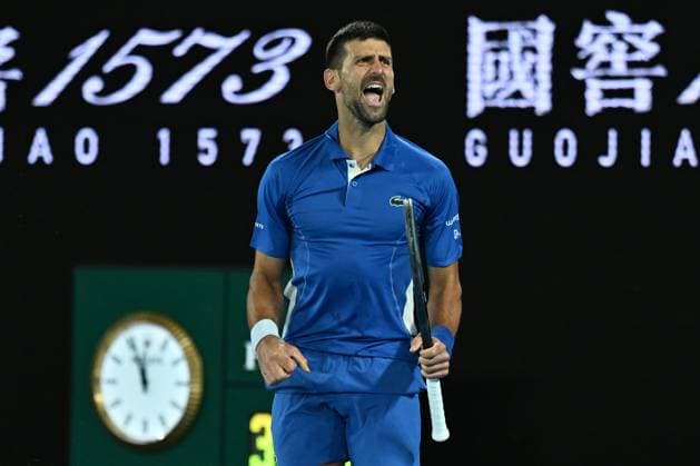 TENNIS AUSTRALIAN OPEN, Novak Djokovic of Serbia celebrates match point during his round 2 win over Alexei Popyrin of Australia on Day 4 of the 2024 Australian Open at Melbourne Park in Melbourne, Wednesday, January 17, 2024. ( NO ARCHIVING, EDITORIAL USE ONLY, NO USE IN BOOKS WITHOUT CONSENT MELBOURNE VICTORIA AUSTRALIA  Copyright: xJAMESxROSSx 20240118001890179989