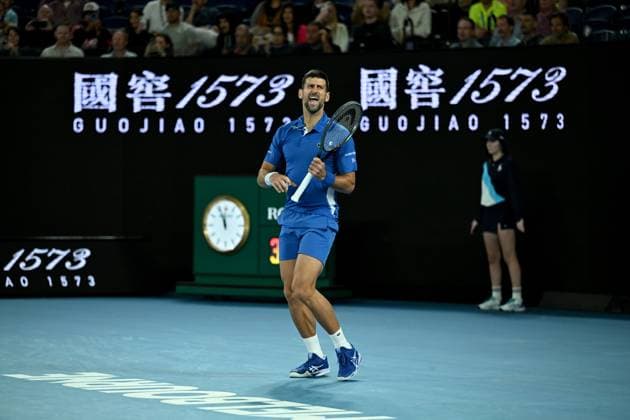 TENNIS AUSTRALIAN OPEN, Novak Djokovic of Serbia celebrates match point during his round 2 win over Alexei Popyrin of Australia on Day 4 of the 2024 Australian Open at Melbourne Park in Melbourne, Wednesday, January 17, 2024. ( NO ARCHIVING, EDITORIAL USE ONLY, NO USE IN BOOKS WITHOUT CONSENT MELBOURNE VICTORIA AUSTRALIA  Copyright: xJAMESxROSSx 20240118001890186009