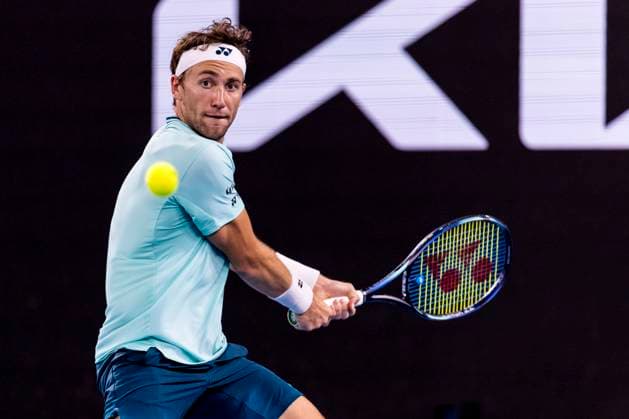 MELBOURNE, VIC - JANUARY 18: Casper Ruud of Norway in action during Round 2 of the 2024 Australian Open on January 18 2024, at Melbourne Park in Melbourne, Australia. (Photo by Jason Heidrich Icon Sportswire) TENNIS: JAN 18 Australian Open EDITORIAL USE ONLY Icon240118090